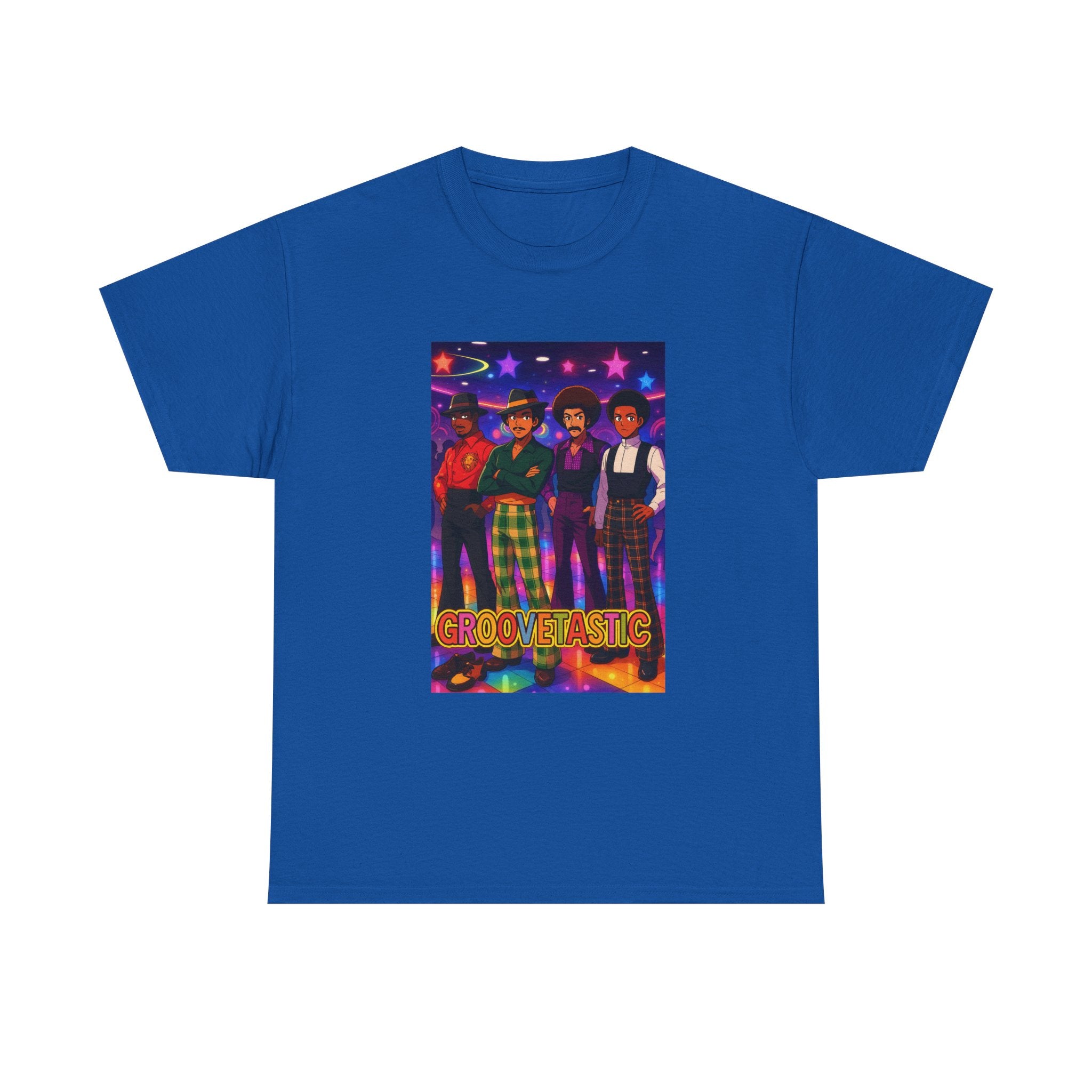 I'm Old School - Groovetastic: 1970s Disco Fashion, Retro Afro Style Men in Bold Geometric Patterns, Vibrant Glam Rock Artwork with Stars and Theatrical Elements